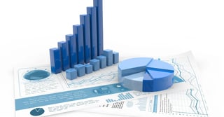 Blue 3D charts on a white background